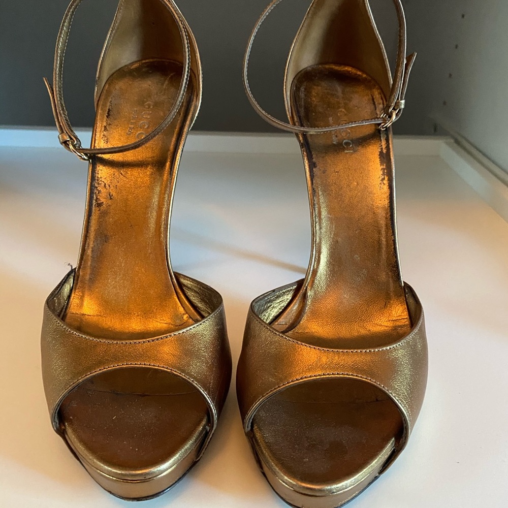 Gold Gucci Platform Ankle Strap Sandal with Bamboo detail